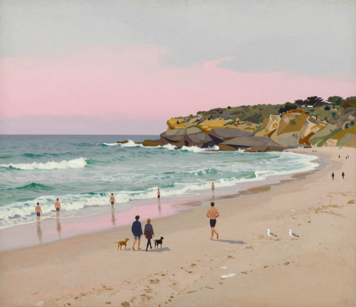 A painted dawn scene on a wide Australian ocean beach: a pink and grey sky, a few swimmers at the waterline, two people walking dogs, a runner, gulls, and a sandstone headland closing the bay