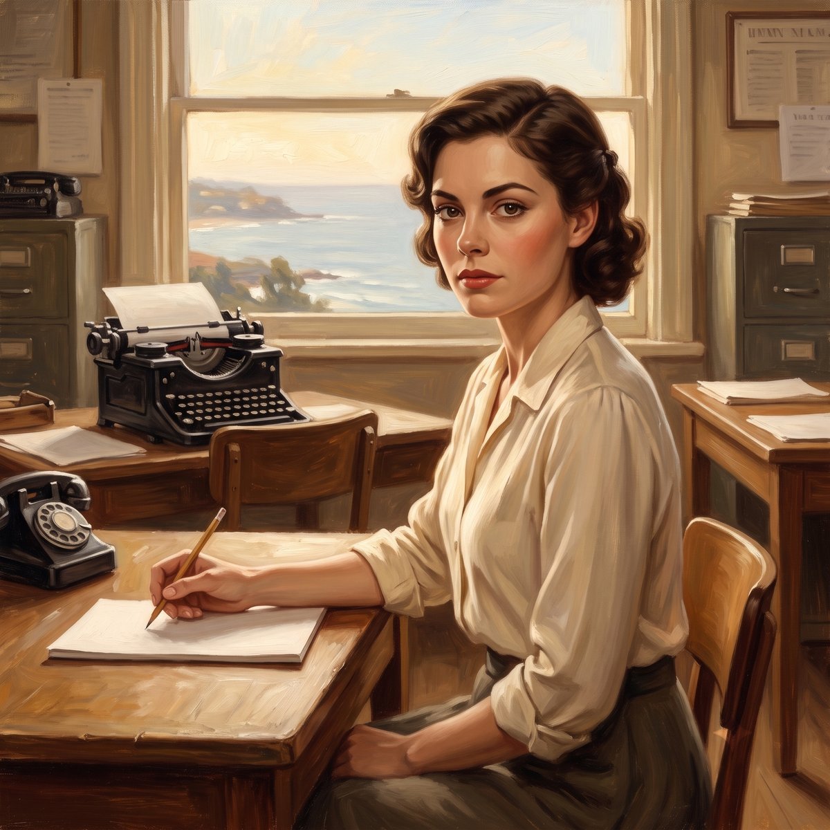 A painted square portrait of a young woman of about twenty-two in a 1940s newspaper office. She sits at a wooden desk turned towards the viewer, a pencil in her hand resting on a blank sheet of paper, in a pale blouse with the sleeves turned back. Her dark brown hair is waved and pinned back off her face. A heavy black manual typewriter stands on the desk behind her and a black telephone at her elbow, with filing cabinets either side and a window behind showing a headland and the sea in warm afternoon light.
