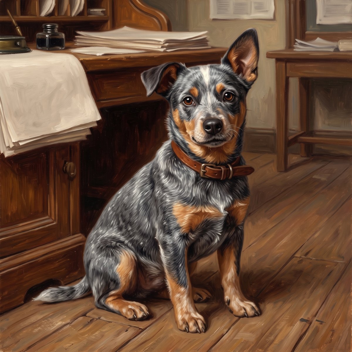 A painted square portrait of a small, lightly built working dog sitting on bare floorboards beside a wooden desk in a 1940s office, looking straight at the viewer. Its short dense fur is blue-grey finely speckled and ticked with white, with warm tan on the cheeks, above the eyes, on the forelegs and across the chest, and a narrow white blaze set off-centre up the muzzle and forehead. One ear stands upright; the other folds and tips over. It wears a worn brown leather collar. Papers and an inkwell sit on the desk behind.