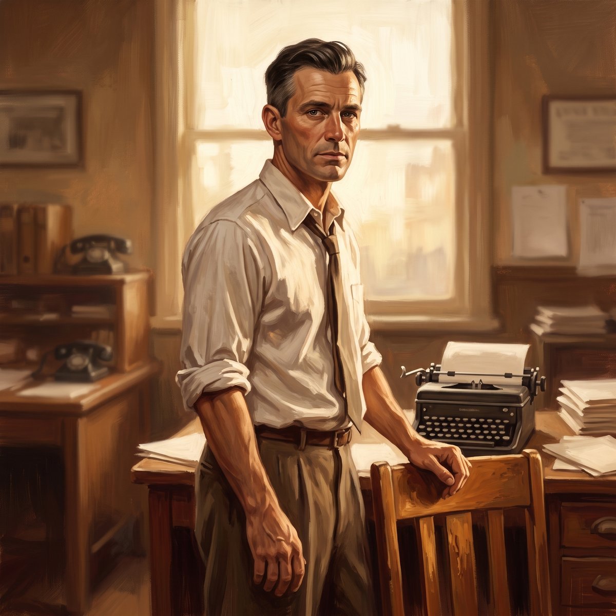 A painted square portrait of a lean man standing in a 1940s newspaper office. He wears a rumpled white shirt with the sleeves rolled to the elbow and a loosened dark tie, no jacket, and rests one hand on the back of a wooden chair while the other hangs at his side. His dark hair is combed back, his face is weathered and his grey eyes are level and guarded. A typewriter and stacks of blank paper stand on the desk behind him and a bright window fills the wall beyond.