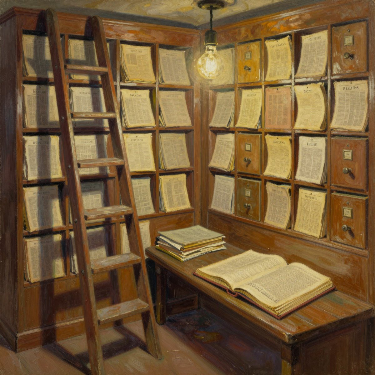 A painted cramped newspaper clippings library: floor-to-ceiling wooden pigeonholes stuffed with folded yellowing paper, a stepladder, a single bare bulb and a heavy ledger open on a bench