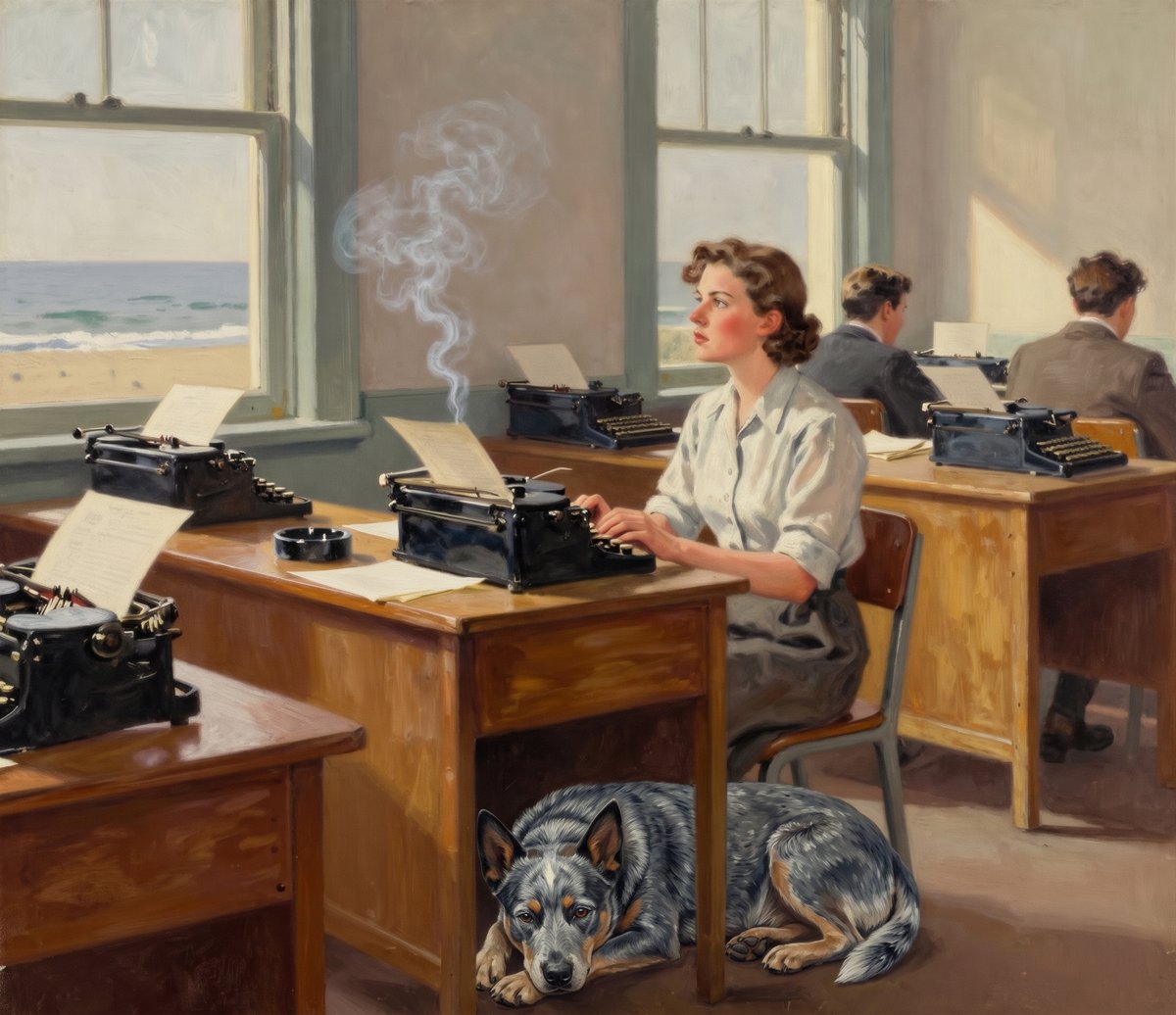 A painted late-1940s newspaper newsroom: a young woman with brown hair pinned back sitting at a wooden desk with a heavy black manual typewriter, men working at desks behind her, cigarette smoke in slanting light from a window onto the sea, and a blue-grey mottled cattle dog with tan points lying under the desk