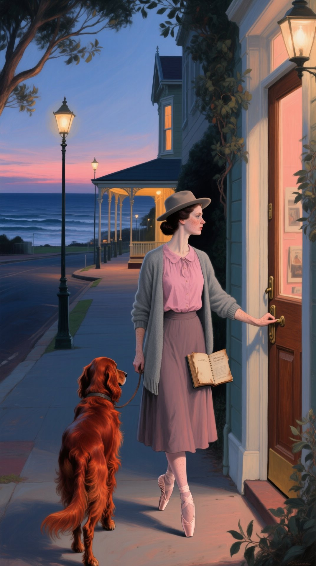 Dusk on a Bondi street: a young woman at a lit shop doorway with an Irish setter on a lead, a rotunda and the sea behind under a pink sky