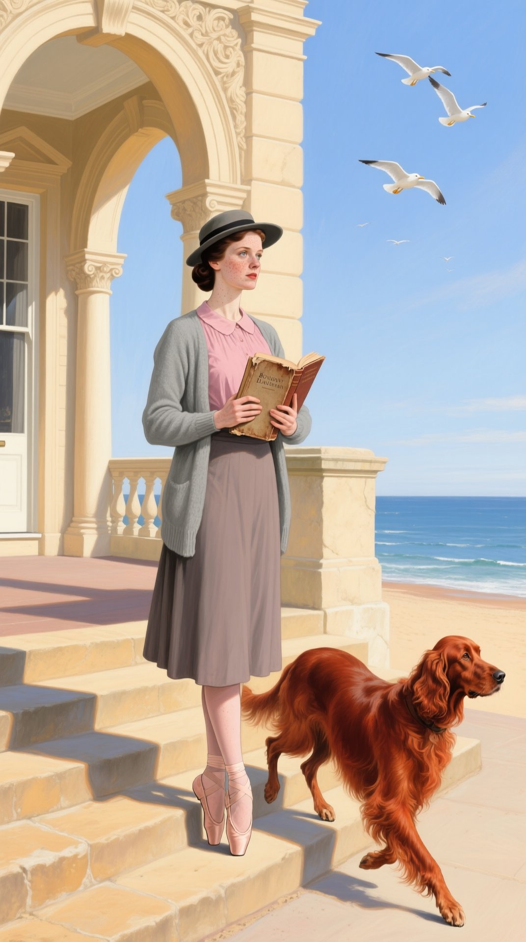 A painted 1947 scene: a young woman in a cardigan and hat holding a book on the sandstone steps of a beachfront pavilion, an Irish setter beside her, the sea behind