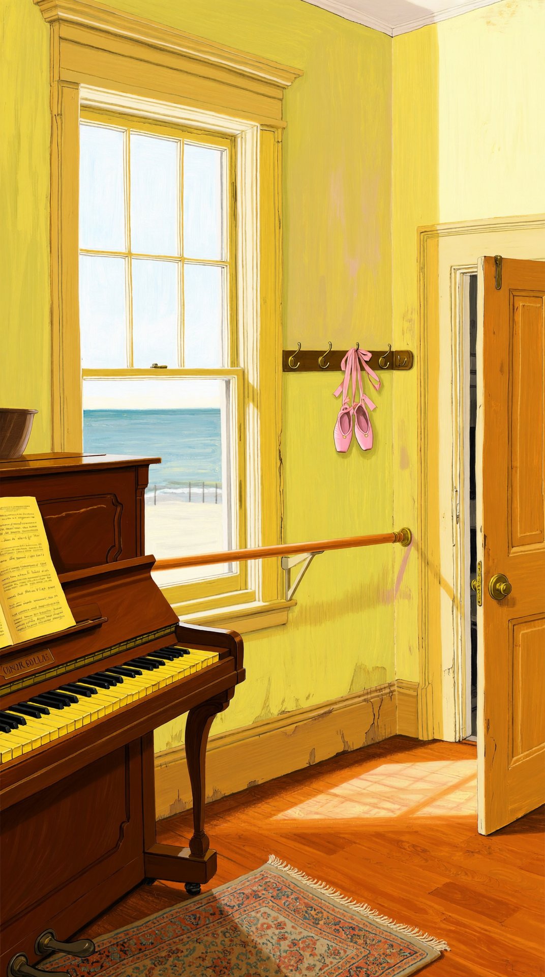 A sunlit ballet studio: an upright piano with sheet music, a wall barre, pink pointe shoes hanging from hooks, the sea through a sash window