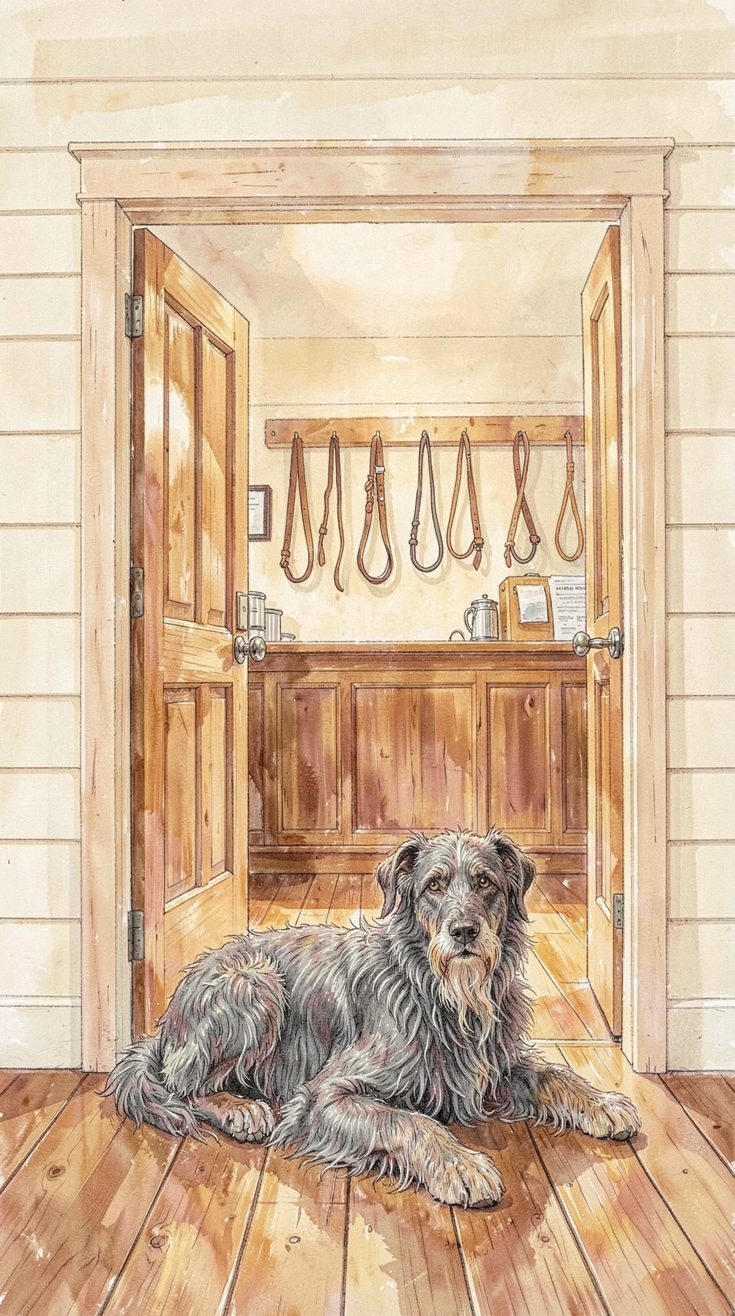 A converted 1940s veterinary consulting room: leads hung on wall hooks, a wooden card file box, a large shaggy dog asleep across the doorway