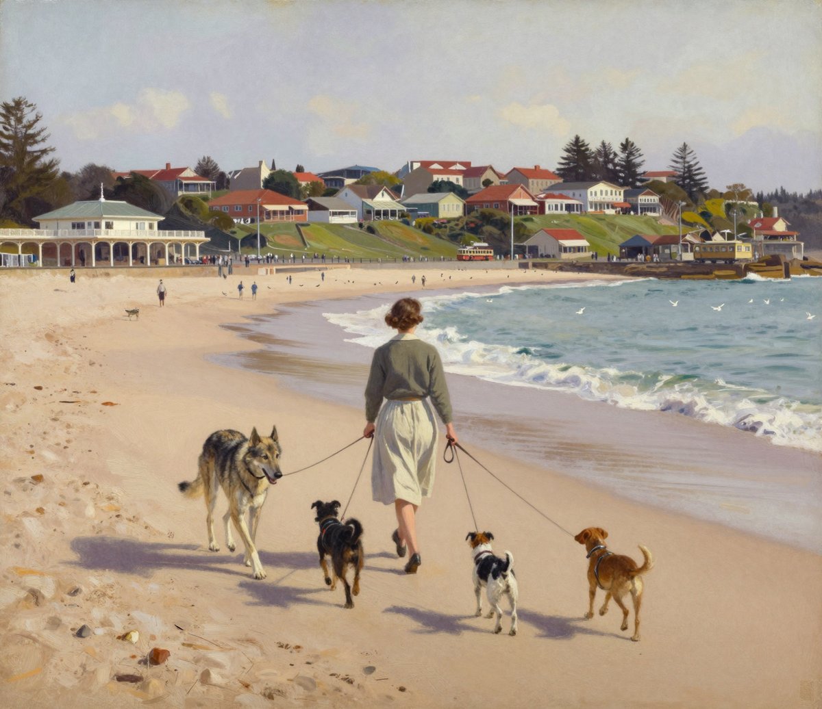 A painted 1947 Bondi morning: a walker seen from behind on the foreshore with a large grey wolfhound and three leashed dogs, the pavilion and a tram beyond