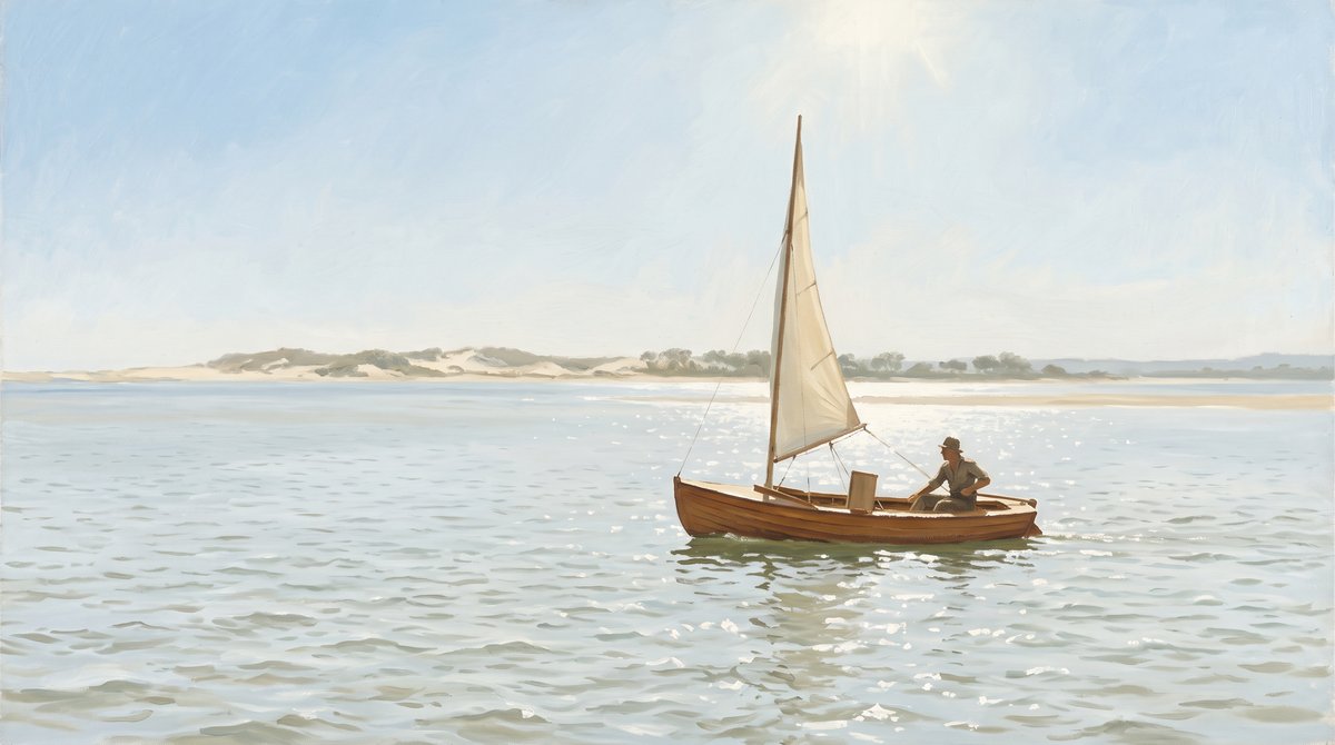 A painted stretch of bright sheltered water under a high pale sky. A small varnished clinker dinghy sails across the middle of the frame under a single cream sail, one figure in a hat sitting aft at the tiller. Sunlight scatters in points across the low chop. A long low line of pale dunes and scrub closes the far shore, with faint hills beyond.