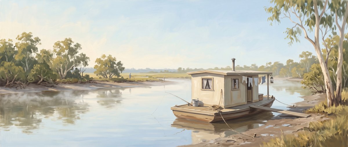 A painted river scene in soft early light. A small timber houseboat with a white weatherboard cabin, a short stovepipe and a lantern beside the door sits low on the water against a sandy bank, moored bow and stern with a plank run ashore. Washing hangs on a line along the cabin side, a curtain shows at one window, and a bucket and a fishing rod rest on the open foredeck. Gum trees lean over the bank at the right, a low scrubby bank runs away to the left, and the still water carries their reflections under a pale sky.