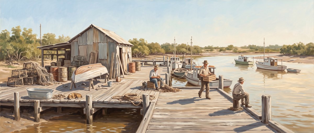 A painted timber jetty running out into a wide calm river. A corrugated iron boatshed stands at the left with a clinker hull upturned on trestles beside it, stacked crab pots, drums and a tin tub on the boards. One man sits mending gear, another carries a wooden crate along the jetty, and a third sits on a bollard looking out. A dog lies asleep on the boards. Several small fishing launches are moored along the jetty and out on the water, with low scrub and sand banks beyond.