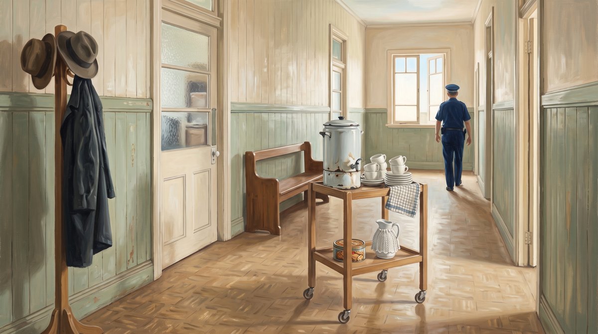A painted corridor in a country police station, panelled in pale green below and cream above, with a parquet floor. A wooden tea trolley stands in the middle carrying a large enamel urn, stacked cups and saucers, a jug, a biscuit tin and a folded checked cloth. A bentwood bench sits against the wall beyond, coats and two felt hats hang on a stand in the foreground, and a uniformed constable walks away down the corridor toward a sunlit window.