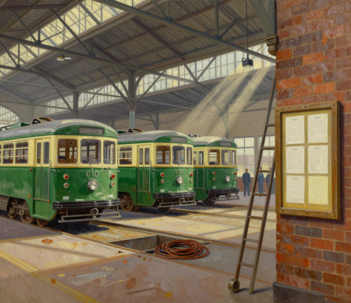 A painted interior of a 1940s tram depot shed: three green and cream trams standing over inspection pits, steel roof trusses and clerestory windows throwing shafts of dusty light, a wheeled ladder and a timber noticeboard on a brick pillar