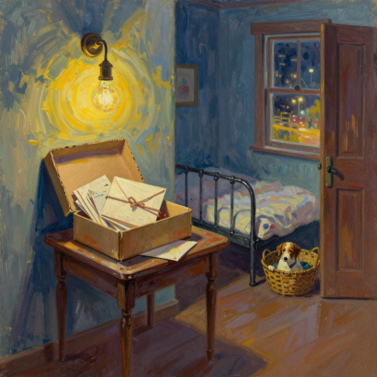 A painted night interior of a small rented room: a cardboard shoebox open on a table under a bare bulb spilling bundles of old envelopes tied with string, an iron bed, and a small dog curled in a basket by an open door