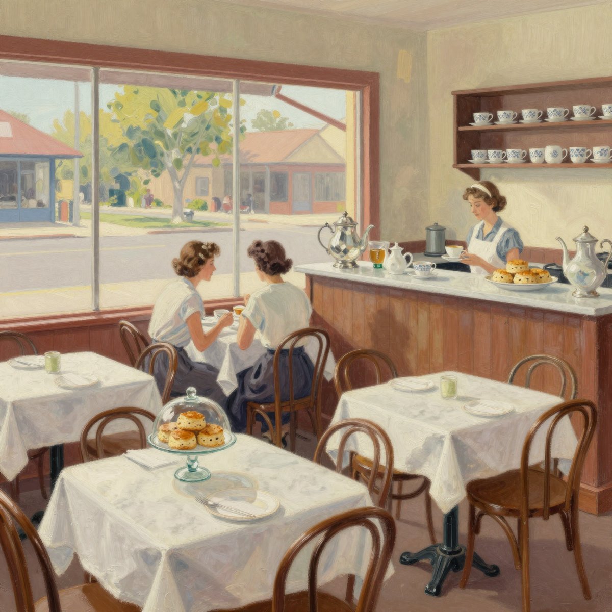 A painted 1940s Australian tea room interior: marble-topped tables with white cloths and bentwood chairs, a glass dome of scones, a tea urn on a timber counter, two women talking at a table and a woman in an apron behind the counter