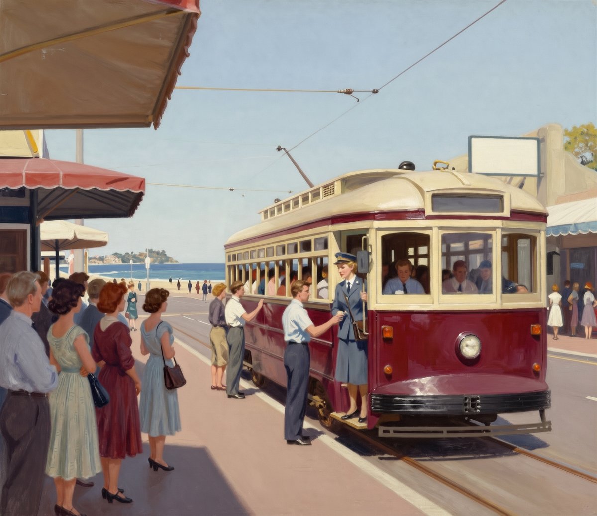 A painted 1946 Australian seaside street: a green and cream tram pulled up at a stop with passengers boarding and a queue of people in period dress waiting on the footpath, shop awnings, tram wires overhead and the beach and headland beyond