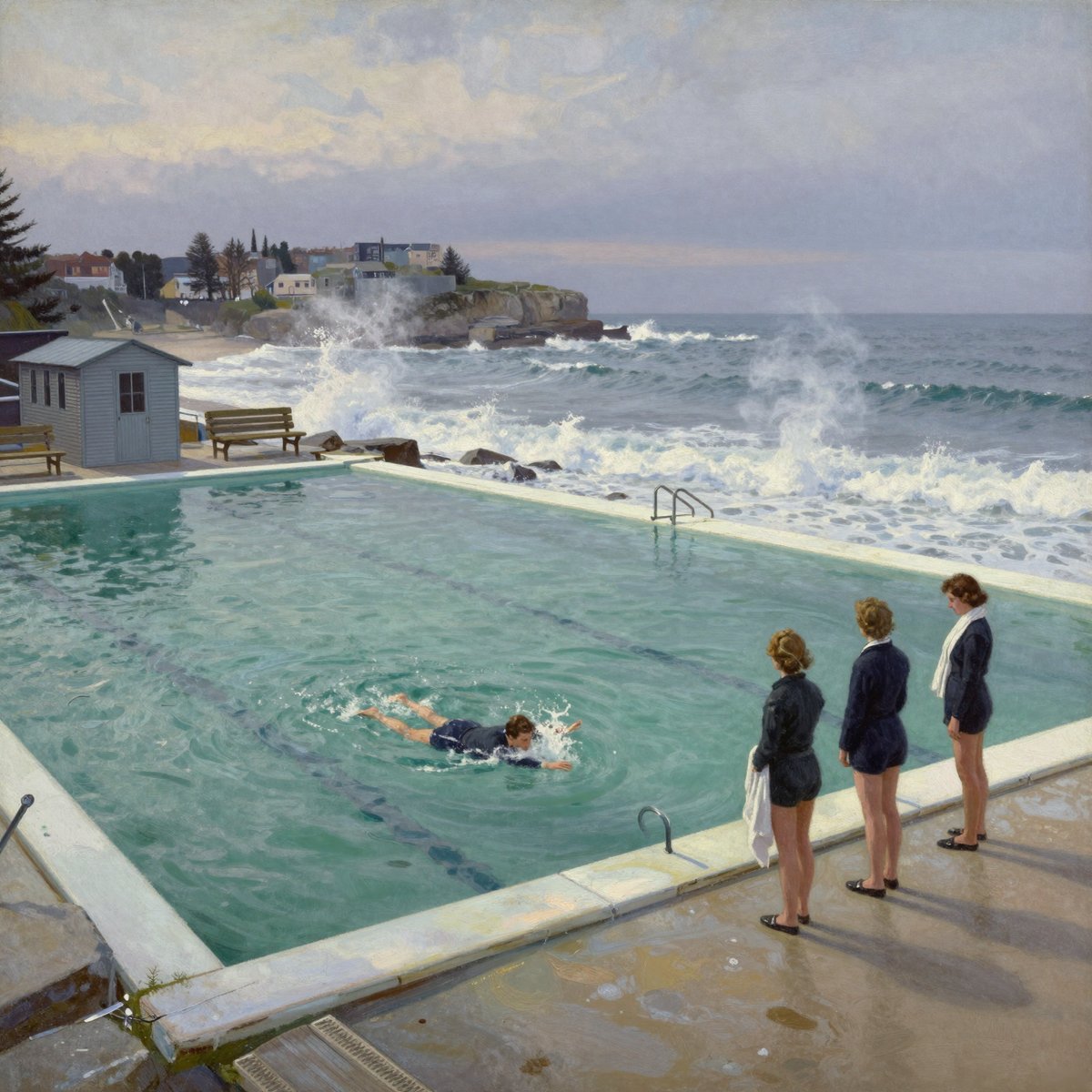 A painted rectangular ocean pool of pale green water cut into the rock at the shore. One swimmer crosses it doing freestyle. Three women in dark swimming costumes stand on the wet concrete deck at the right, one holding a towel. A small pale changing hut and wooden benches sit at the far end, surf breaks white over the rocks beyond the pool wall, and houses stand on the low headland behind under a grey sky.