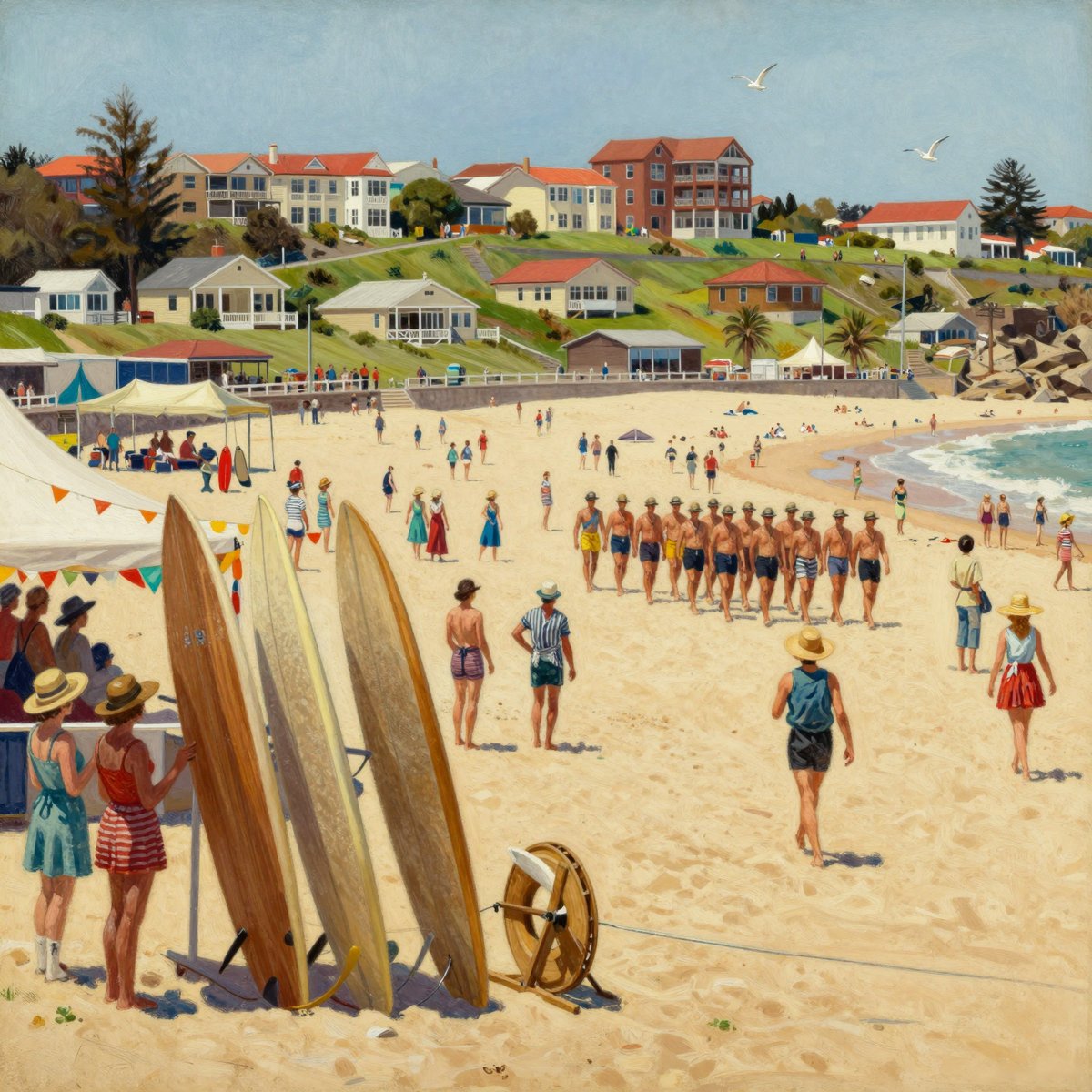 A painted crowded beach seen from the dunes. A long line of surf lifesavers in caps and trunks marches in formation across the sand. Three tall wooden surfboards stand upright in a rack in the foreground beside a wooden rescue reel and a marquee hung with bunting. Spectators in swimsuits and sun hats stand and walk about, and red-roofed houses and flats climb the green hill behind the promenade under a clear sky.