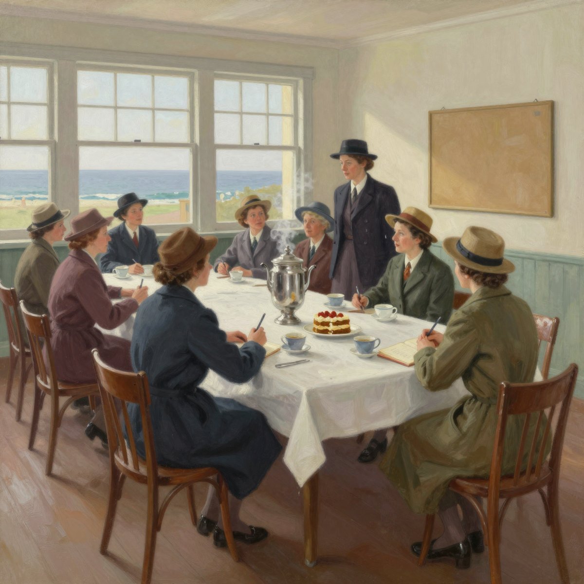 A painted hall interior. Eight women in coats and hats sit around a long table under a white cloth, with pencils and open minute books in front of them. A large silver tea urn steams in the middle beside cups and saucers and a sponge cake. One woman stands at the far side in a dark suit and hat. Bentwood chairs surround the table, tall windows behind show the sea, and an empty framed noticeboard hangs on the wall at the right.