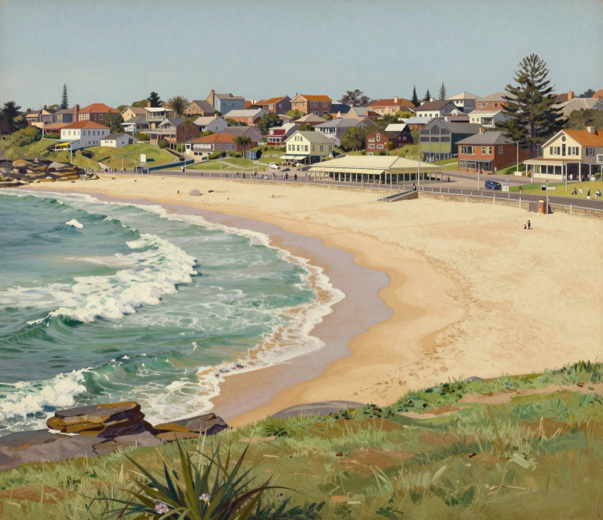 A painted mid-century view of Bondi Beach from the grassy headland at the southern end. Green surf breaks in long lines onto a wide curve of pale sand. Along the back of the beach run a promenade and a low sea wall, with a long pavilion building behind it, and rows of houses and blocks of flats with red tiled roofs climb the hill beyond under a clear blue sky.