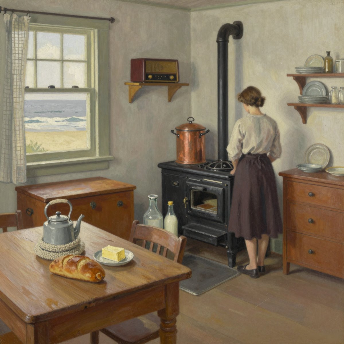 A painted interior of a small kitchen. A woman with her hair pinned up stands with her back turned at a black wood stove, a copper stockpot on the hob and a flue rising behind. A scrubbed wooden table in the foreground holds a grey enamel kettle on a mat, a plaited loaf and a dish of butter. A sash window with checked curtains looks out on sand and surf, a mantel radio sits on a wall bracket, and shelves of plates and bottles hang beside a chest of drawers.