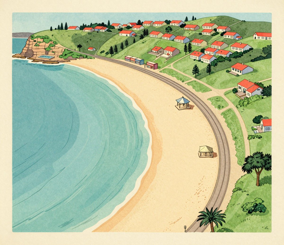 An illustrated bird's-eye map of Bondi in ink and watercolour. A wide crescent of pale sand curves down the left with green-blue surf breaking onto it, and a rocky headland closes the bay at the top left. A road and promenade run along the back of the beach, and rows of small houses and cottages with red roofs stand among green gardens and trees on the rising ground behind. Palms and shrubs edge the foreground.