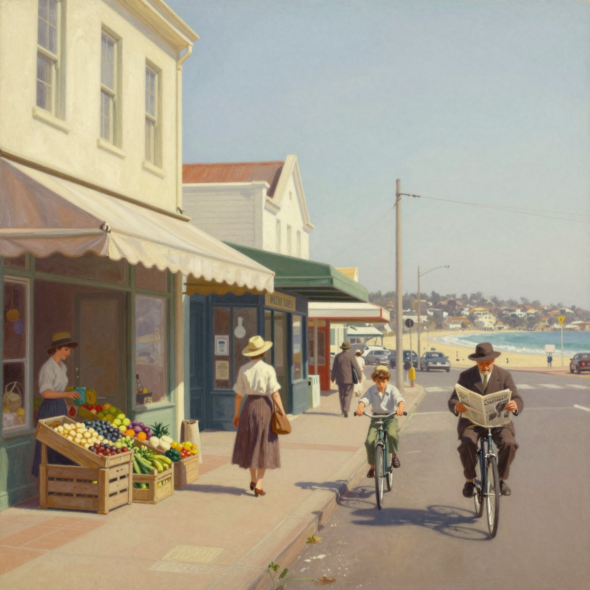 A painted street of single-storey shopfronts under canvas awnings on a bright morning. A woman in an apron and straw hat serves at a greengrocer's crates of fruit and vegetables on the footpath; another walks past with a shopping bag. A boy and an older man in a hat ride bicycles along the road, the man reading a folded newspaper as he rides. Beyond the shops the road runs down to a beach, blue sea and a headland with red-roofed houses on it.