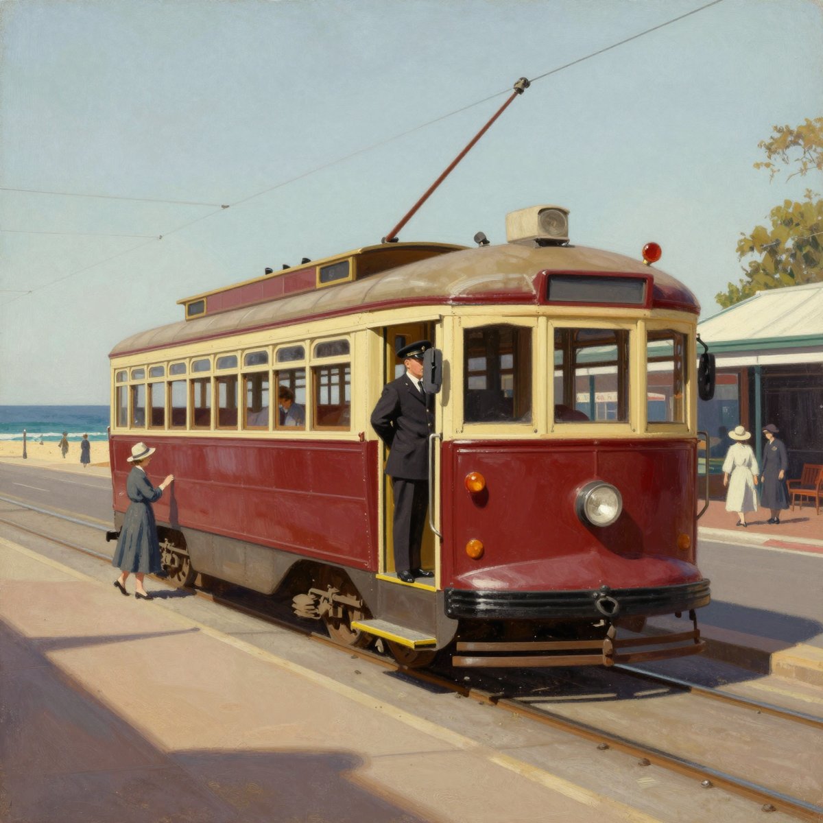 A painted red and cream tram standing at a beachfront stop, its trolley pole reaching up to overhead wires. A uniformed conductor in a peaked cap stands in the open centre doorway. A woman in a coat and hat steps toward the rear of the car. Rails run through the roadway in the foreground, pale sand and blue sea lie to the left, and a shelter with two women waiting stands to the right.