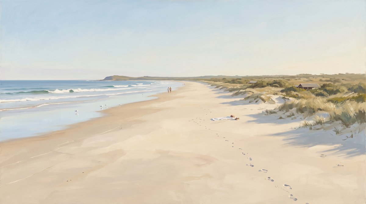 A painted view along a wide empty surf beach in low sun. Small waves break in long white lines on the left, wet sand reflects the pale sky, and a line of footprints crosses the dry sand toward the foreground. Two tiny figures stand at the water's edge in the distance and one person lies on a towel. Marram grass and low dunes run along the right with a single small red-roofed building among them, and a low green headland closes the far end.