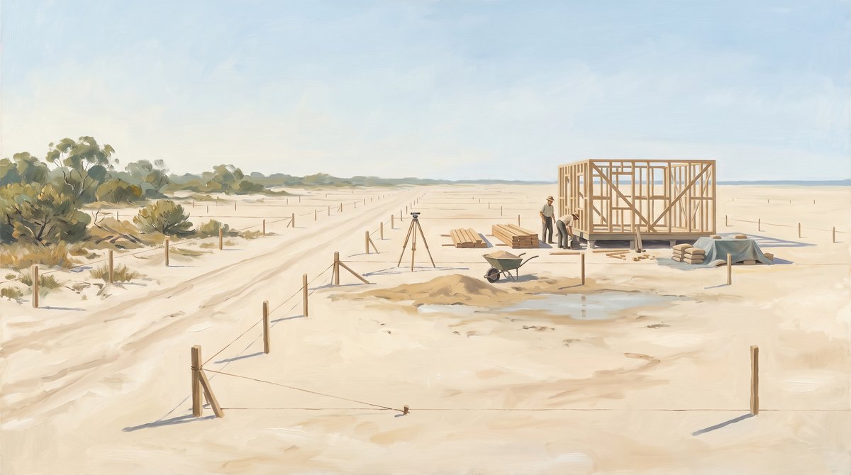 A painted scene of subdivided vacant land on flat sand. Timber survey pegs and taut string lines run across bare pale ground in the foreground, with a surveyor's tripod set up mid-frame. Two men in hats work beside stacks of sawn timber, a wheelbarrow and a heap of sand next to the bare stud frame of a single small house standing alone. A sand track runs away to the left past low scrub, and empty pegged land stretches to a distant treeline.
