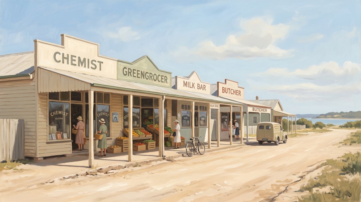 A painted row of single-storey timber shopfronts along an unsealed sand road. Hand-painted parapet signs read CHEMIST, GREENGROCER, MILK BAR and BUTCHER above a continuous shaded awning on posts. Women in hats and summer dresses stand at the greengrocer's crates of fruit and vegetables, a bicycle leans against an awning post, and a small pale delivery van is parked further along. The road runs out to open scrub and a glimpse of blue water at the right.