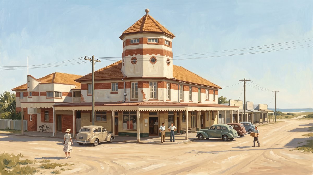 A painted mid-century scene of a two-storey corner hotel on a dirt road. The building has a red tiled roof, a square corner tower with a domed cap, and a wide shaded veranda running along both street frontages above a row of ground-floor shopfronts. Several cars from the 1930s and 1940s are parked at the kerb, a bicycle leans against a post, and people in period dress stand on the road and footpath. Low buildings run away down the road behind under power poles and open sky.