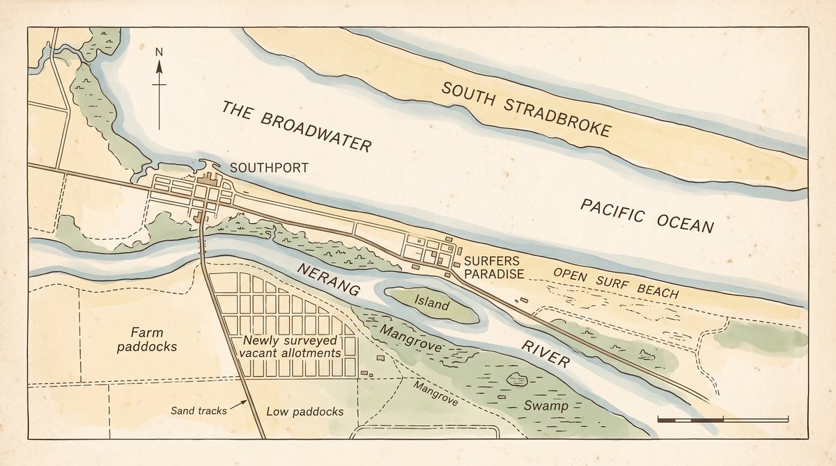 A drawn survey map on aged paper with hand lettering. The Pacific Ocean and the long sand island of South Stradbroke run diagonally across the top, with The Broadwater below them and the town of Southport at the left. A narrow coastal strip labelled Surfers Paradise runs down the right beside an open surf beach, and the Nerang River winds behind it past areas marked mangrove and swamp. Ruled grids of small rectangular blocks are labelled newly surveyed vacant allotments, with farm paddocks, low paddocks and sand tracks marked to the west. A north arrow sits at the top left and a scale bar at the bottom right.