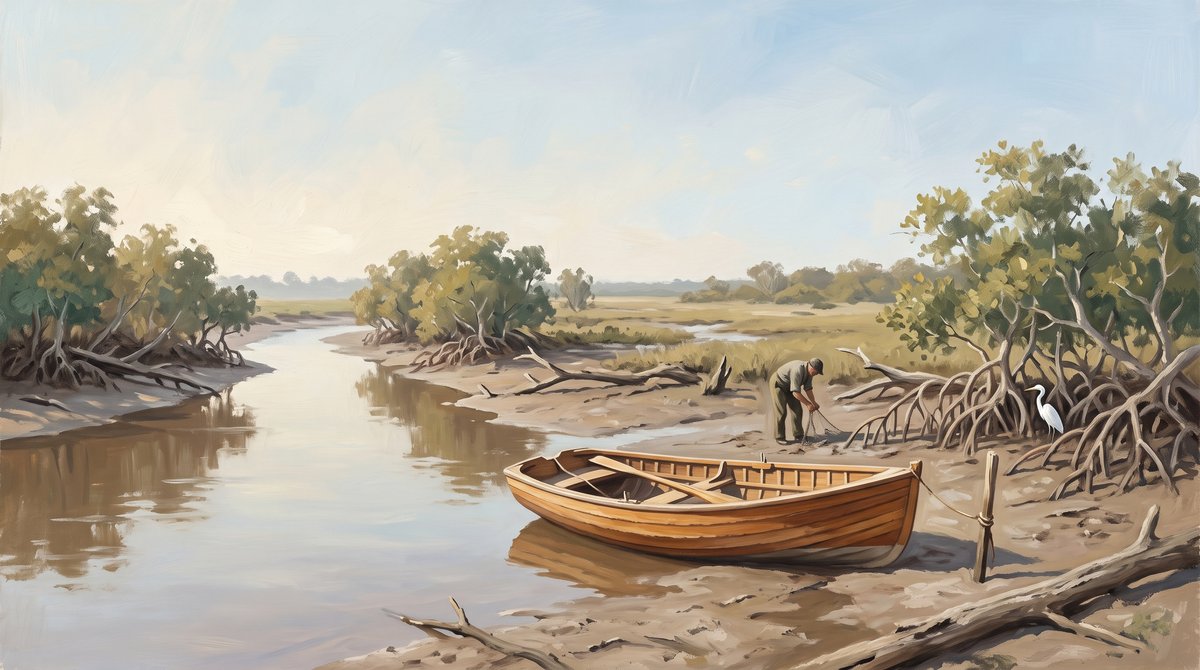 A painted backwater scene. A narrow brown tidal channel winds from the foreground into flat scrubby country under a pale sky. A varnished clinker dinghy is drawn up on the sand bank at the right and tied to a stake, a man in work clothes bends over gear beside it, and a white egret stands among exposed mangrove roots. Bleached driftwood lies across the sand in the foreground.