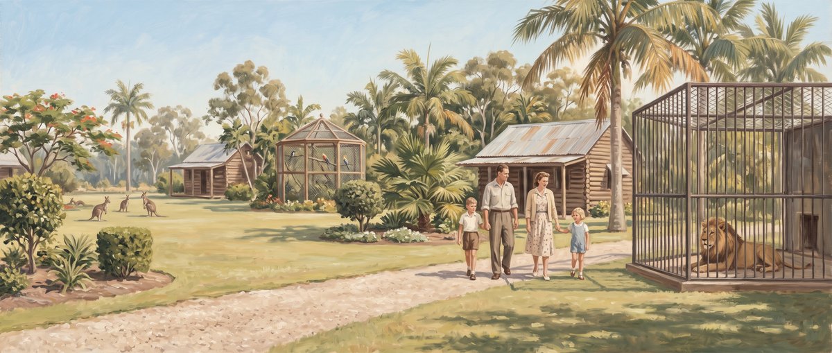 A painted garden scene in a private zoo. A family of four in nineteen-forties clothes walks along a gravel path between lawns. On the right a lion lies inside a tall barred cage close to the path; on the left kangaroos graze on open grass. A hexagonal wire aviary of small birds, several log cabins with corrugated iron roofs, palms, a flowering tree and dense subtropical planting fill the middle distance under a clear sky.