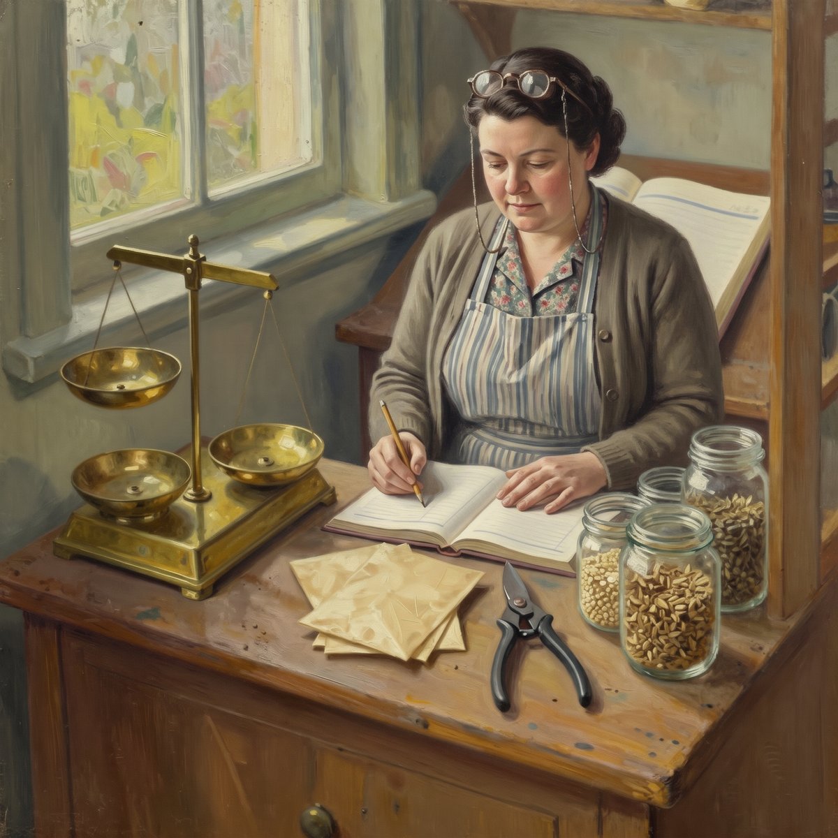 A painted 1940s garden shop interior: a worn timber counter with brass scales, a shallow drawer of unlabelled paper seed envelopes, a ball of twine, secateurs and glass jars of seed, with a big ruled ledger open on a desk against the back wall