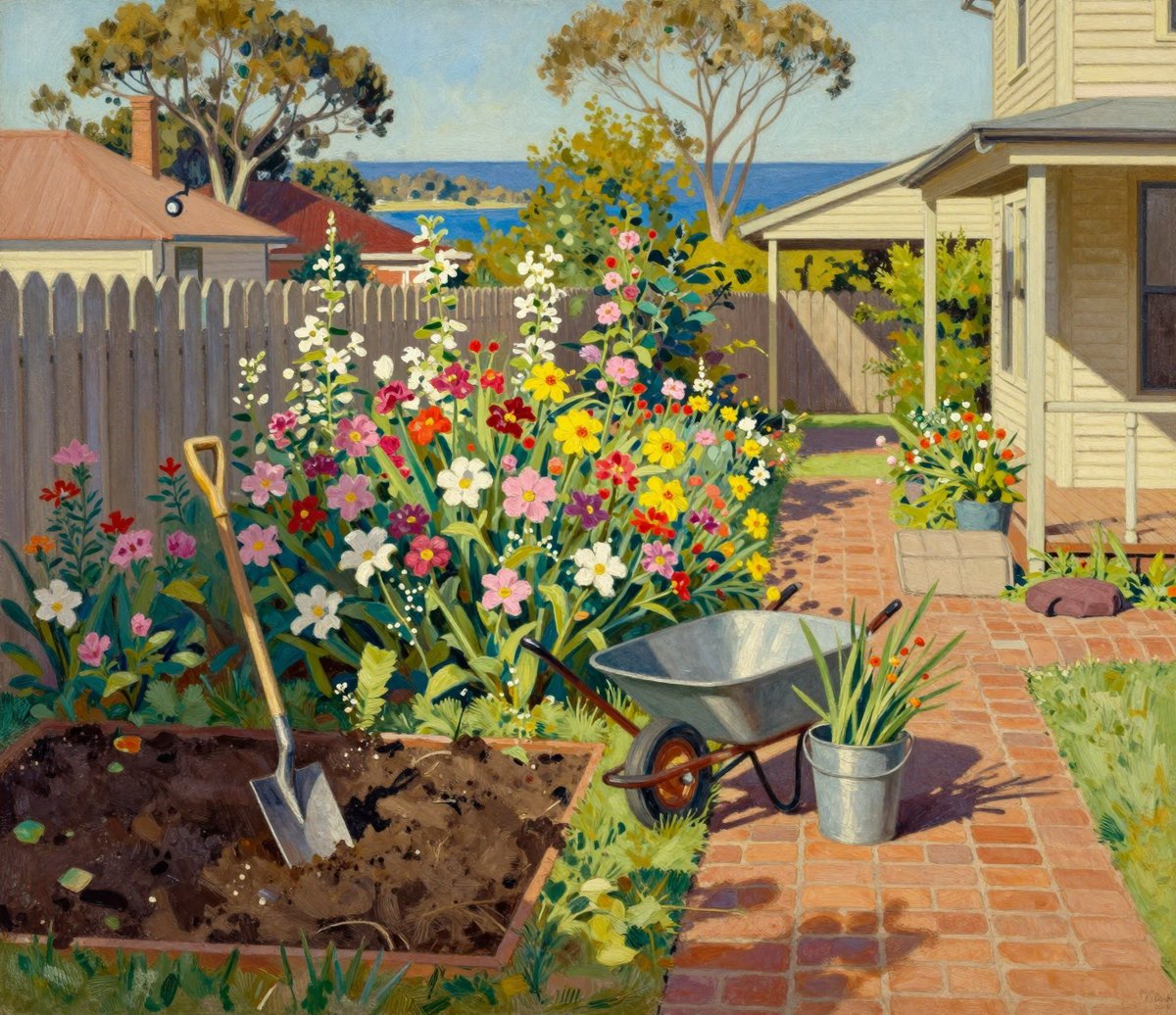 A painted private suburban garden in Australia in spring 1946 seen from a shaded side path: a deep flower border in full bloom against a paling fence, a turned bed of dark earth with a spade standing in it, a wheelbarrow and a brick path, and a glimpse of blue sea between roofs