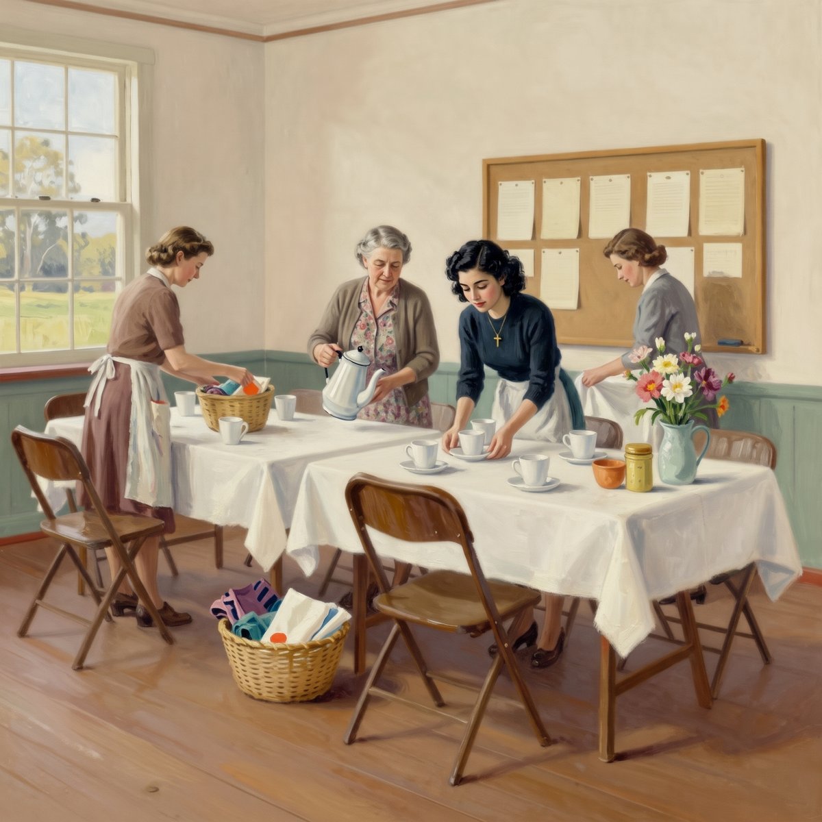 A painted plain community hall in Australia in 1946 set up for a women's meeting: two long trestle tables with white cloths, a large tea urn and rows of cups, folding chairs, a basket of craft work, a jug of garden flowers, and a timber noticeboard of blank pinned papers