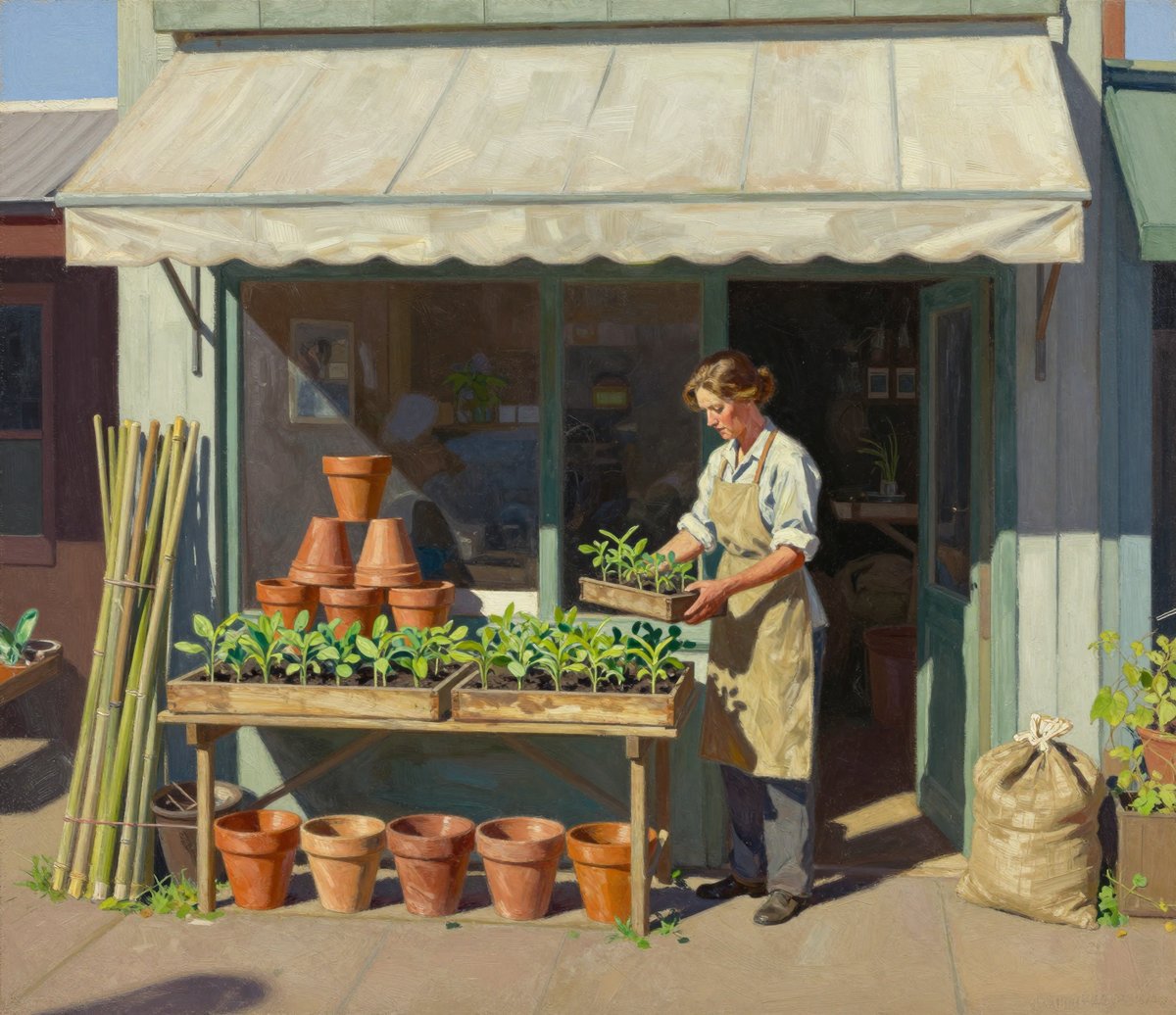 A painted small suburban garden shop in Australia in 1946 seen from across the footpath: wooden trays of seedlings on trestles, terracotta pots stacked in a pyramid, bundles of bamboo stakes and hessian sacks under a blank painted fascia, and a lean weathered woman in a work dress and canvas apron holding a flat of seedlings