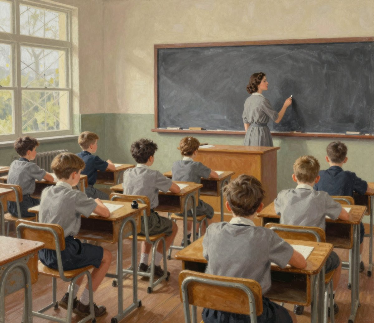 A painted early-1940s Australian primary classroom seen from the back: rows of children in grey and navy at wooden double desks, and at the front a slim dark-haired woman in a day dress standing at a clean black chalkboard with chalk in her hand