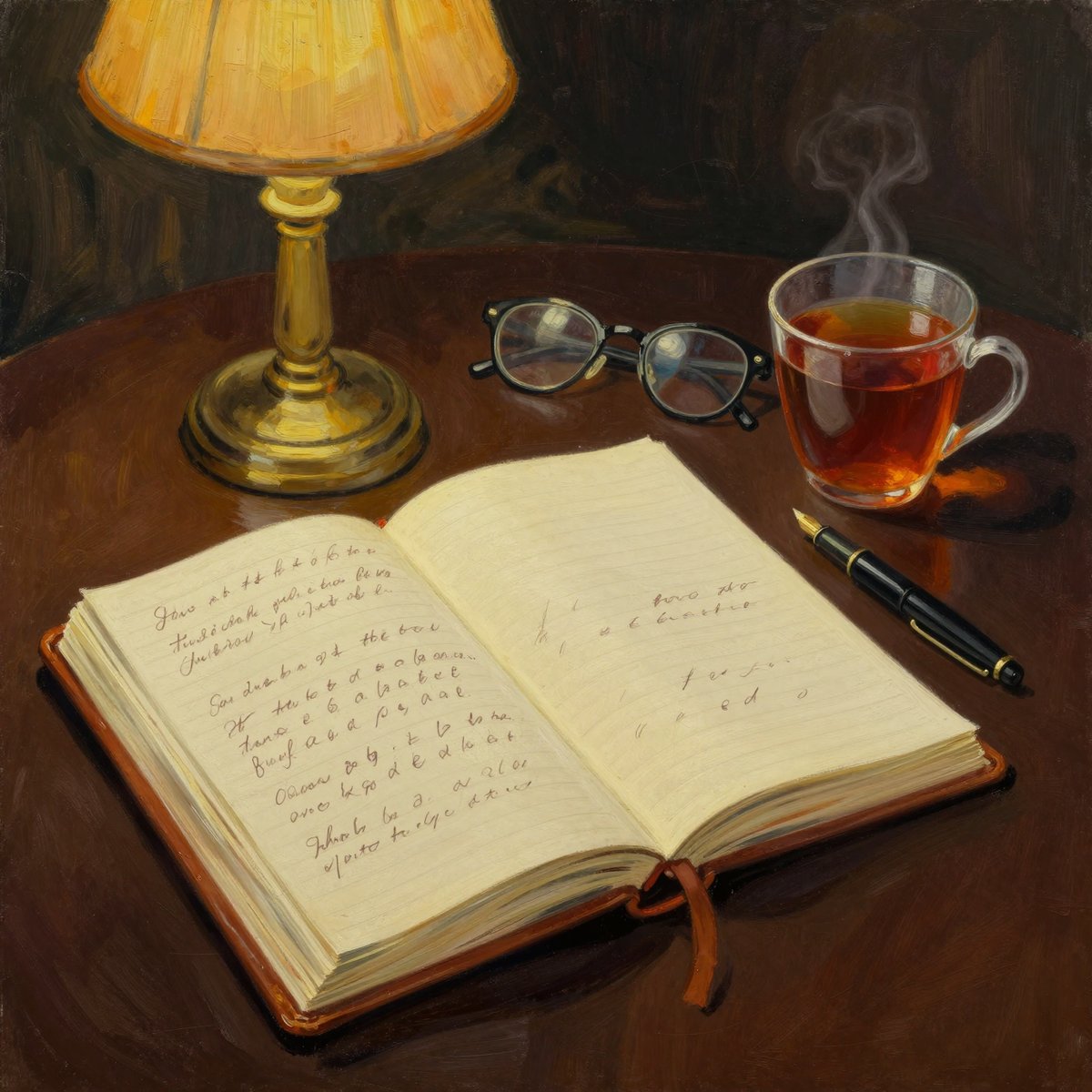 A painted still life under lamplight: a large leather-bound logbook lying open on a dark table, its ruled pages filled with looping handwriting that breaks off partway down, a fountain pen and a cup of tea beside it