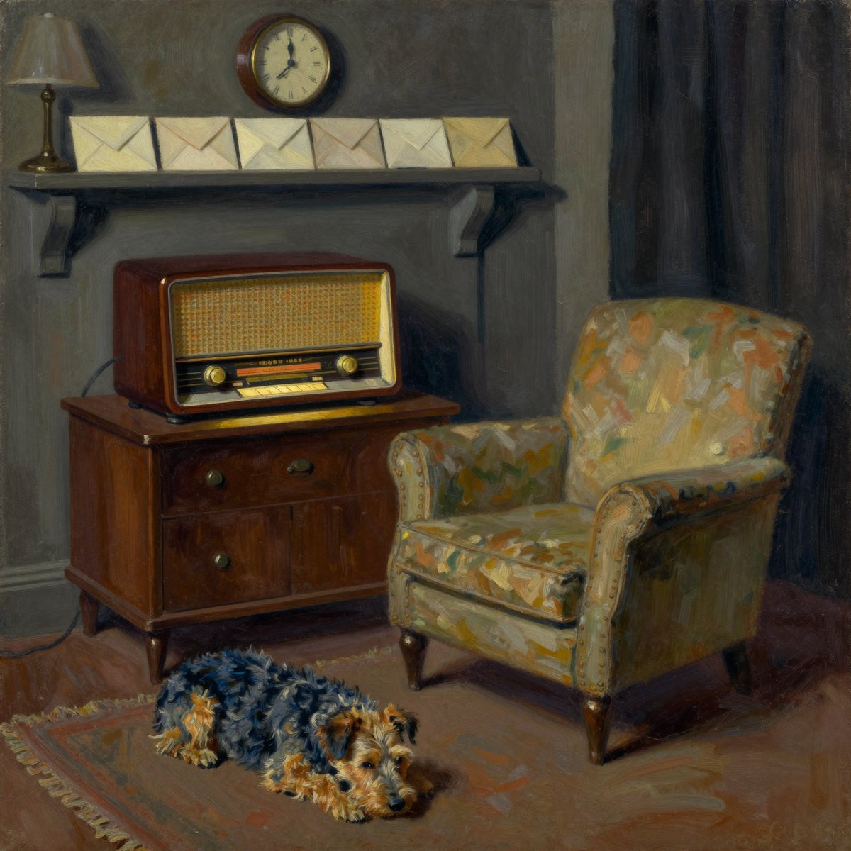 A painted night interior: a wooden valve wireless glowing on a chest, an empty armchair, envelopes propped on a mantel beside a clock, and a small blue-and-tan terrier lying on a rug