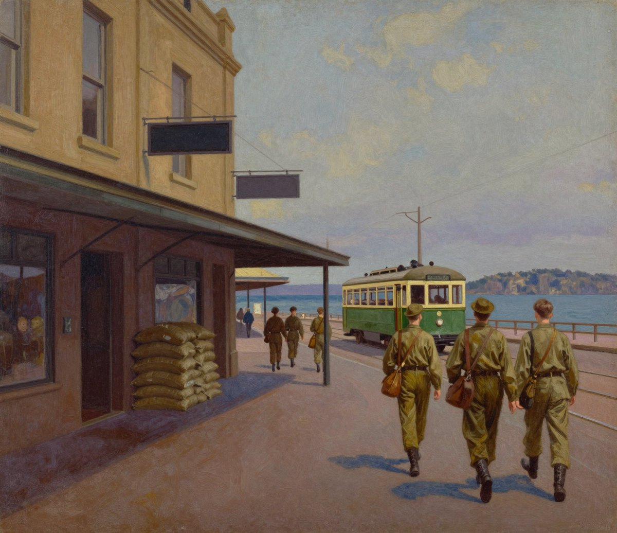 A painted early-1940s seaside street: shopfronts with awnings and blank hanging signboards, stacked sandbags, a green and cream tram, and three young men in khaki walking away toward the sea