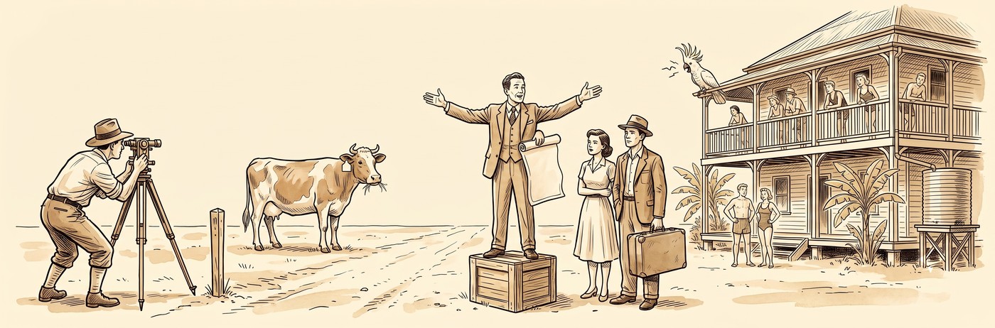 A surveyor measuring an empty Elston block while a land agent presents it to a young couple, 1946