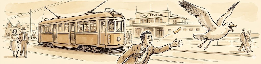A Sydney tram rolls past the Bondi Pavilion as a seagull makes off with a chip, 1947