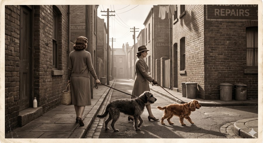 Two women walk dogs through a Bondi back laneway, 1947