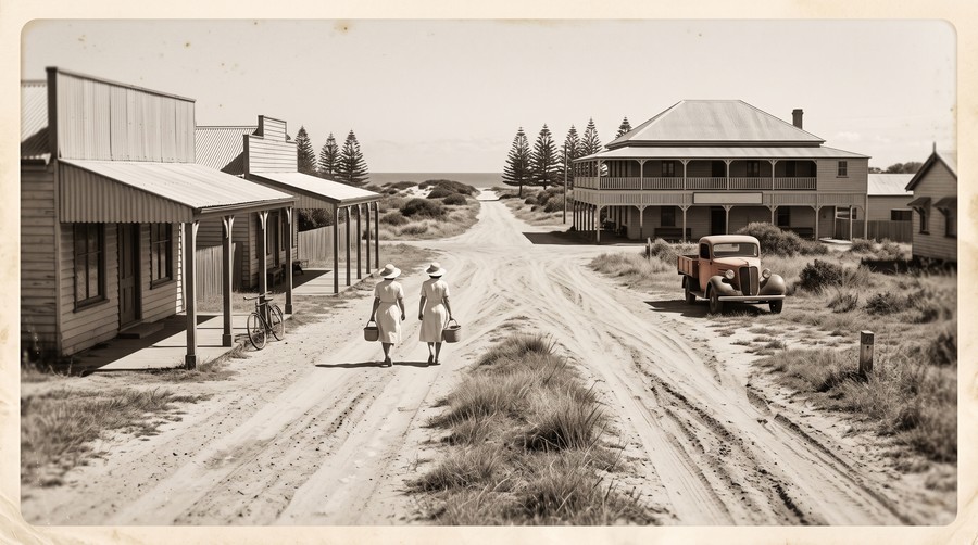 The unsealed main road at Elston, Queensland, 1946