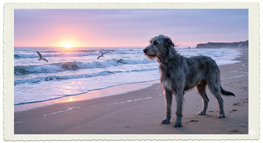 A large shaggy grey dog stands on the Bondi sand at dawn, looking out to sea