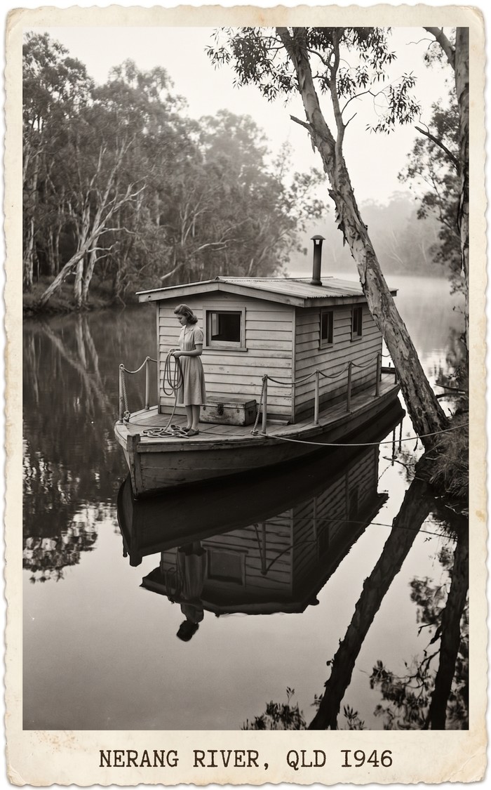 A houseboat moored in a backwater of the Nerang River, 1946