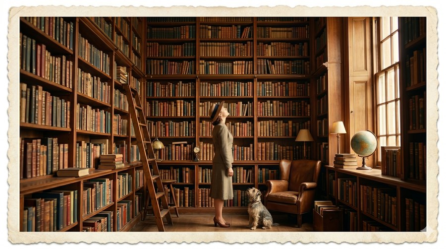 A woman reaches for a book on a high library shelf, a small terrier sitting patiently at her feet