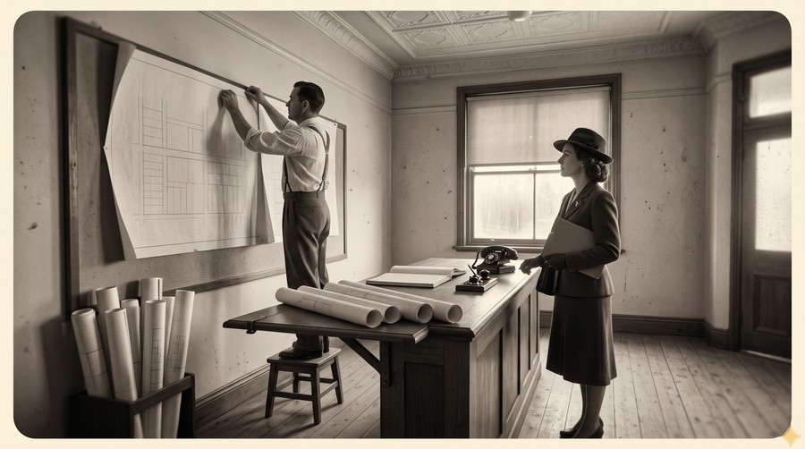 A land agent's office at Southport, 1951, a subdivision plan going up on the board